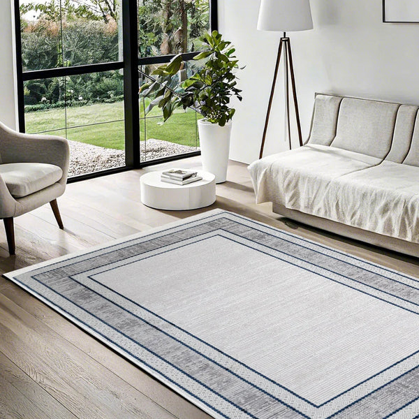 Beyaz Gri Bordürlü Minimalist Halı - Yıkanabilir - Kaymaz Taban - Pati Dostu