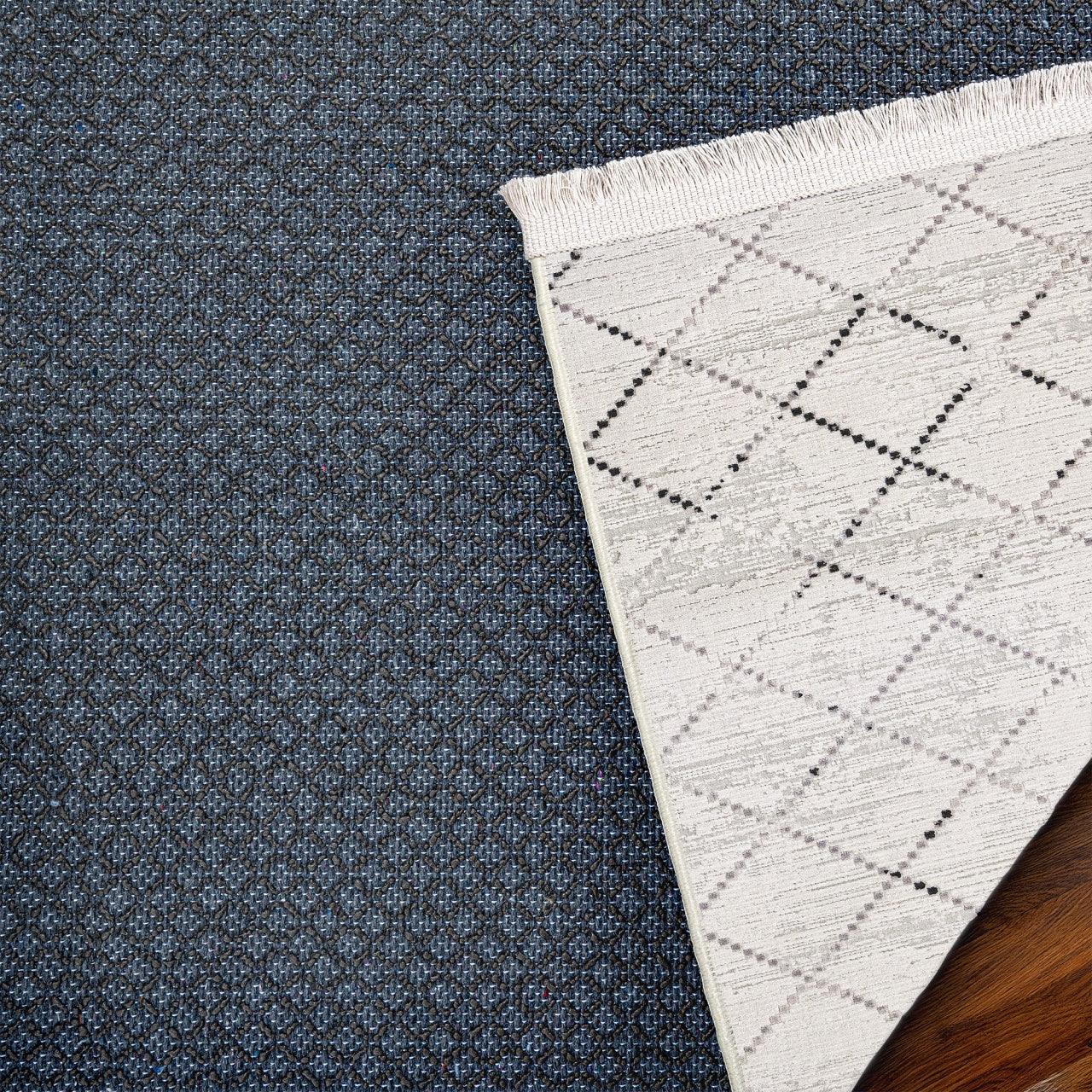 Beyaz Gri Baklava Geometrik Halı - Yıkanabilir - Kaymaz Taban - Pati Dostu