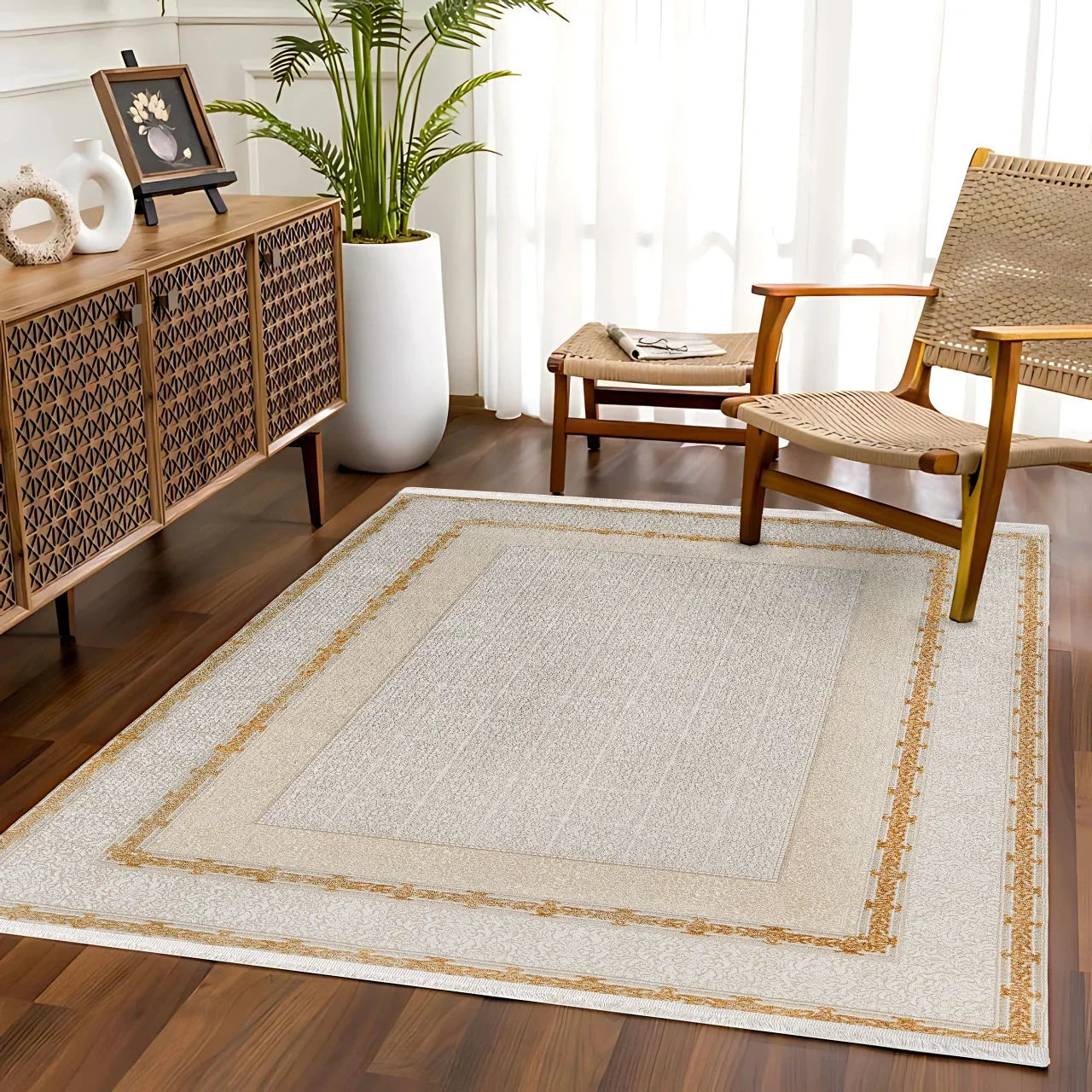 Bej Krem Bordürlü Minimalist Halı - Yıkanabilir - Kaymaz Taban - Pati Dostu
