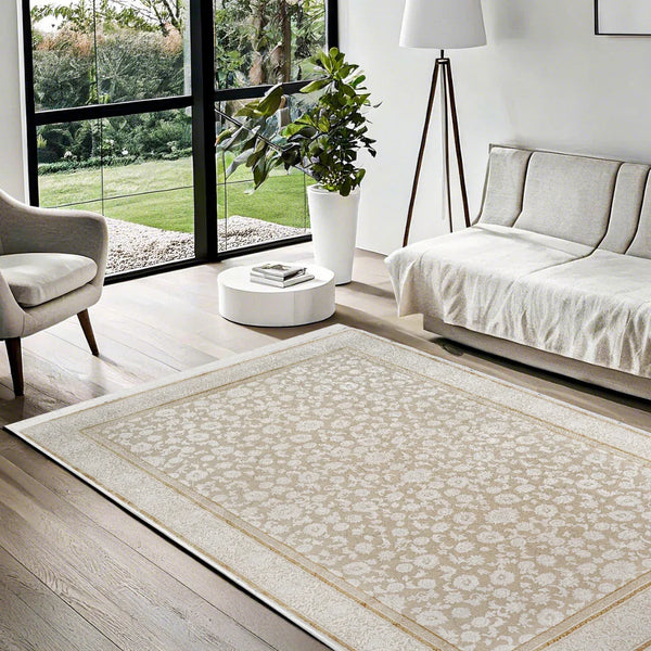 Bej Krem Geometrik Minimalist Halı - Yıkanabilir - Kaymaz Taban - Pati Dostu