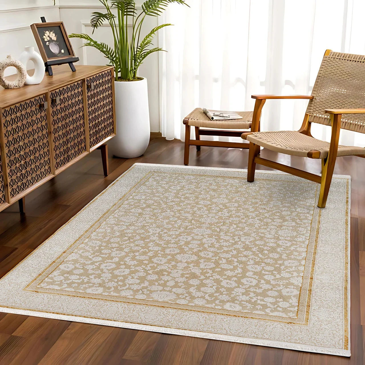Bej Krem Geometrik Minimalist Halı - Yıkanabilir - Kaymaz Taban - Pati Dostu