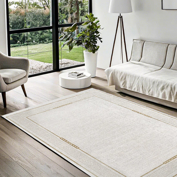 Beyaz Gold Minimalist Modern Halı - Yıkanabilir - Kaymaz Taban - Pati Dostu