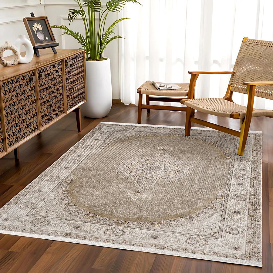 Classic Medallion Area Rug in Beige & Brown – in the living room
