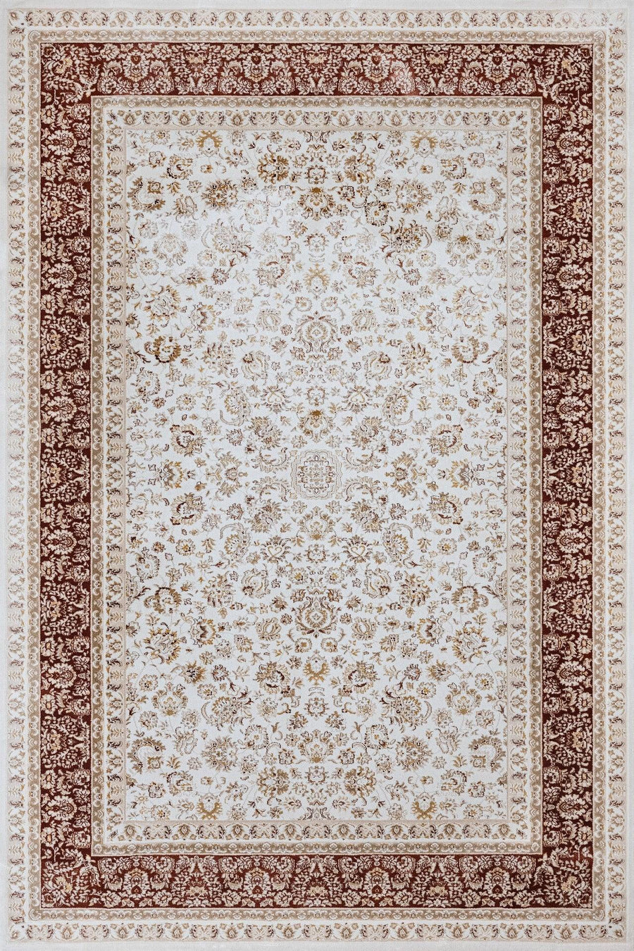 Bej Bordürlü Desenli Halı - Yıkanabilir - Kaymaz Taban - Pati Dostu