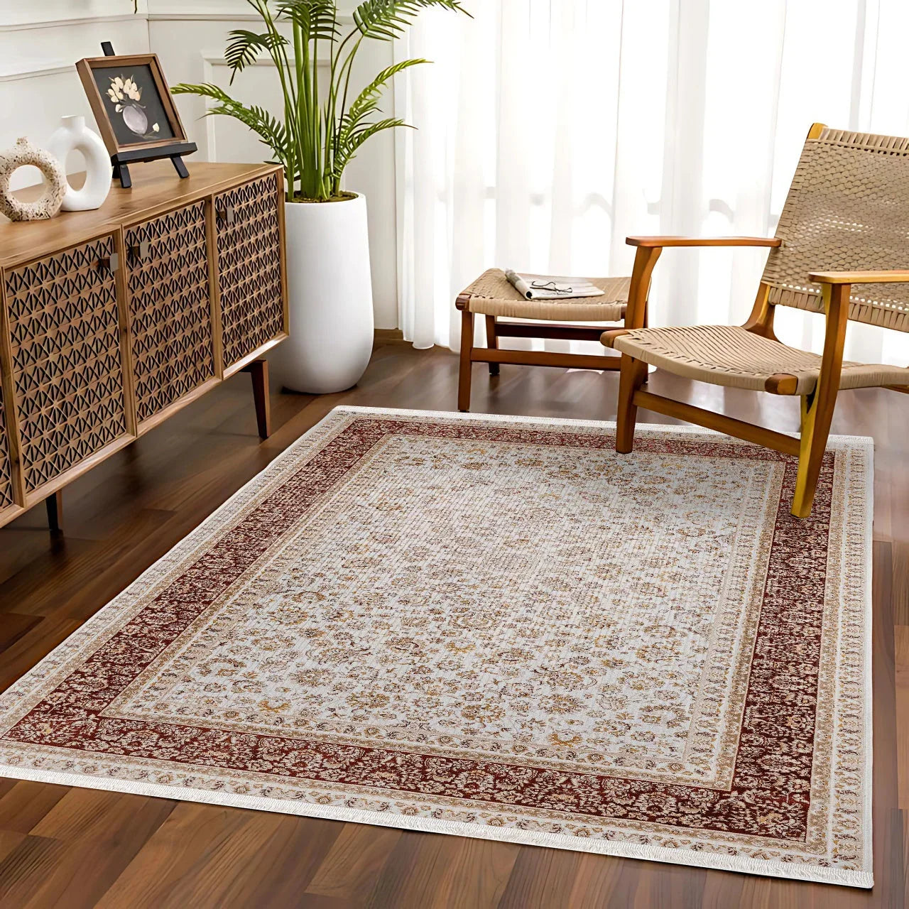 Bej Bordürlü Desenli Halı - Yıkanabilir - Kaymaz Taban - Pati Dostu