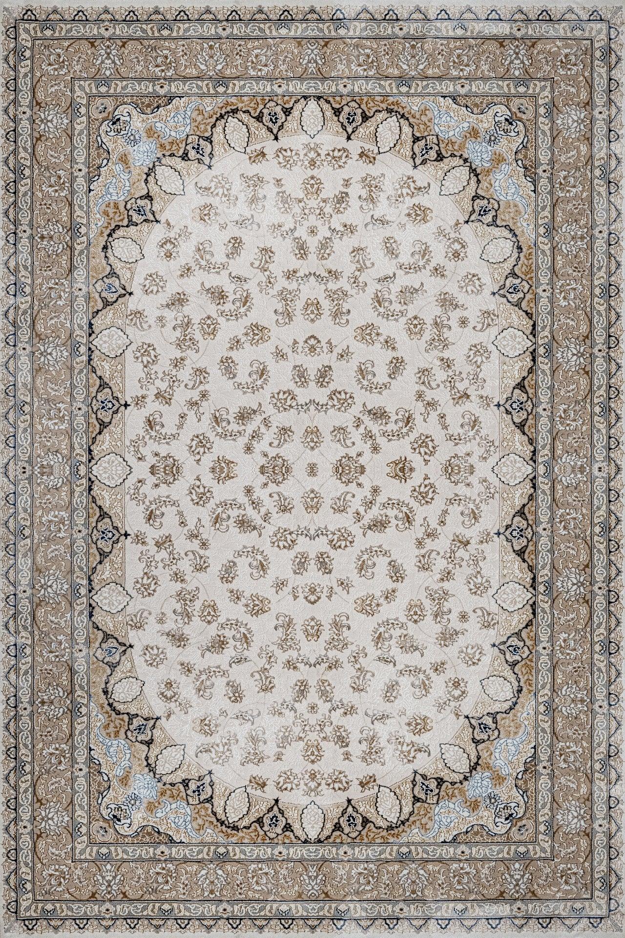 Bej Gri Bordürlü Desenli Halı - Yıkanabilir - Kaymaz Taban - Pati Dostu
