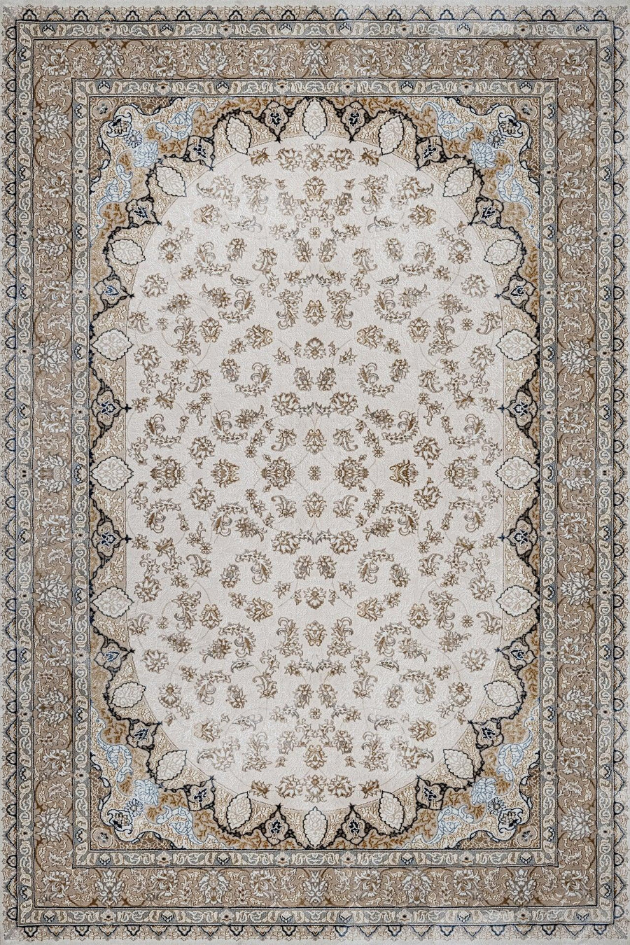 Bej Gri Bordürlü Desenli Halı - Yıkanabilir - Kaymaz Taban - Pati Dostu