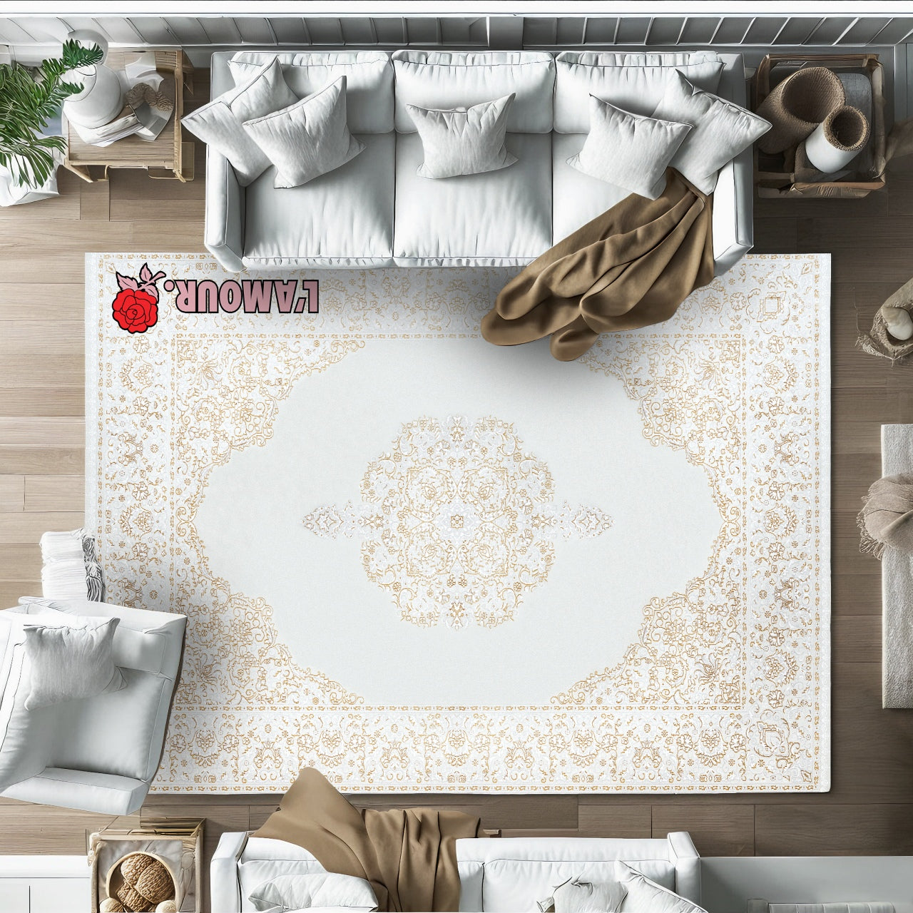 Beyaz Bej Klasik Madalyonlu Salon Halısı - Polyester