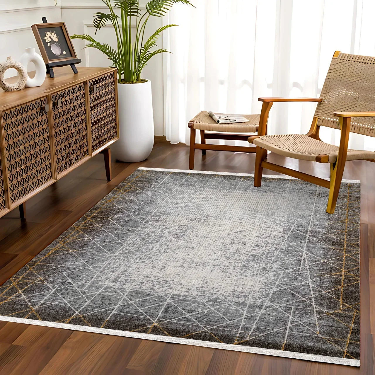 Antrasit Beyaz Minimalist Modern Halı - Yıkanabilir - Kaymaz Taban - Pati Dostu