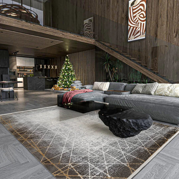 Antrasit Beyaz Minimalist Modern Halı - Yıkanabilir - Kaymaz Taban - Pati Dostu