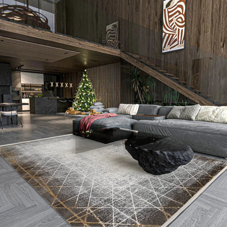 Modern Geometrik Desenli Gri Beyaz Kısa Havlı Dijital Baskı Halı – Oturma odası kullanımı