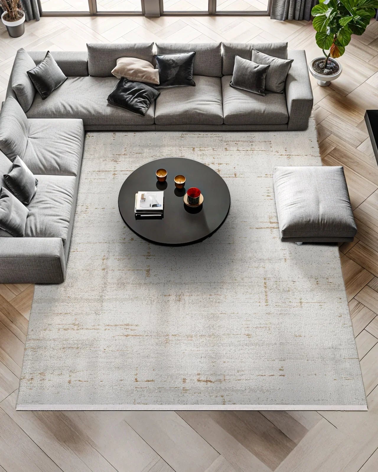 Beyaz Ekru Eskitme Minimalist Halı - Yıkanabilir - Kaymaz Taban - Pati Dostu