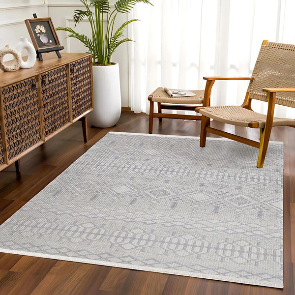 Beyaz Gri Geometrik Minimalist Halı - Yıkanabilir - Kaymaz Taban - Pati Dostu