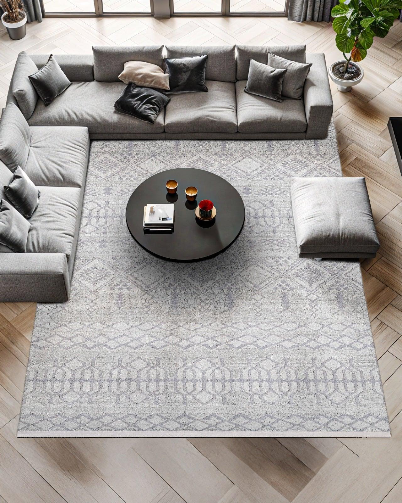 Beyaz Gri Geometrik Minimalist Halı - Yıkanabilir - Kaymaz Taban - Pati Dostu