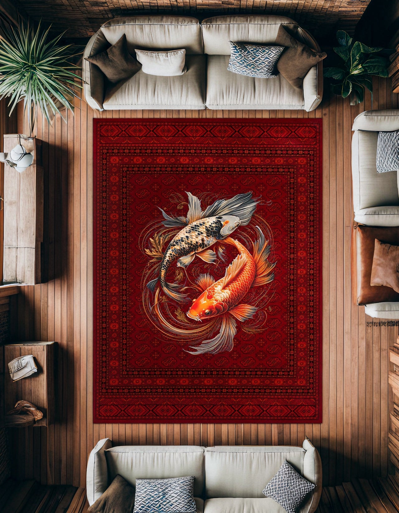 Koi Balığı Desenli Kaymaz Tabanlı Yıkanabilir Halı