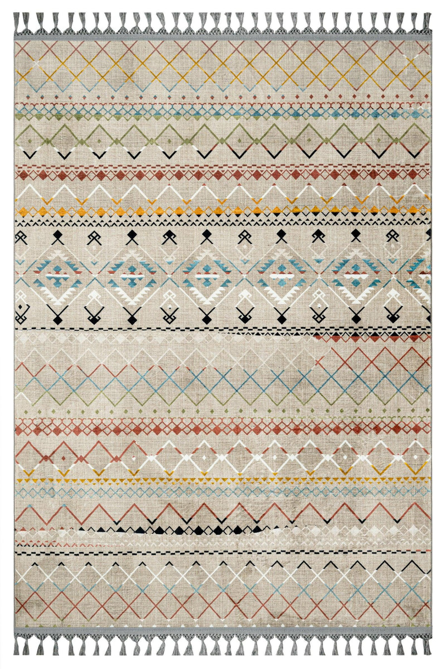 Bej Krem Bohem Etnik Triko Halı - Yıkanabilir - Kaymaz Taban - Pati Dostu