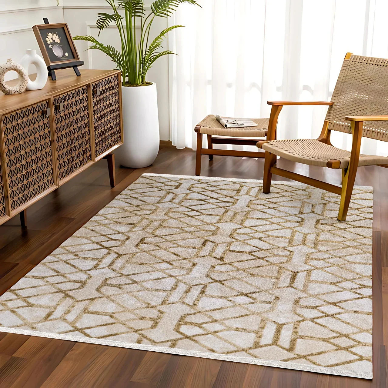 Bej Gri Baklava Geometrik Halı - Yıkanabilir - Kaymaz Taban - Pati Dostu