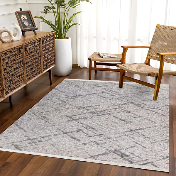 Antrasit Beyaz Geometrik Minimalist Halı - Yıkanabilir - Kaymaz Taban - Pati Dostu