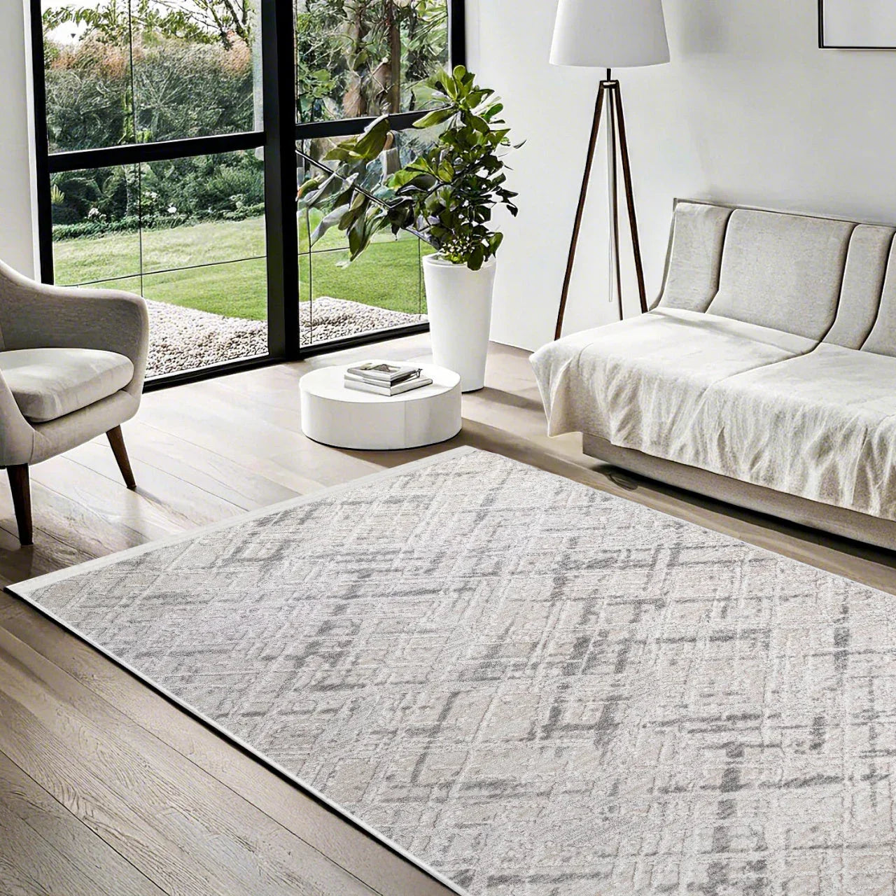 Antrasit Beyaz Geometrik Minimalist Halı - Yıkanabilir - Kaymaz Taban - Pati Dostu
