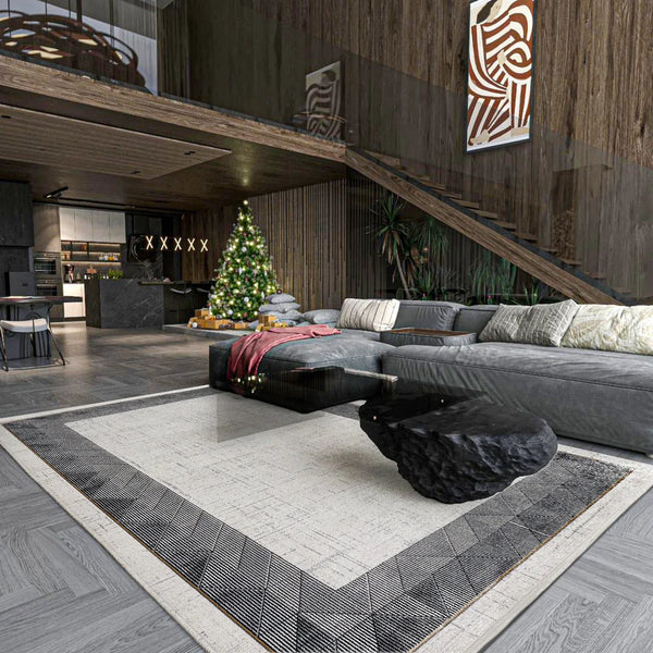 Antrasit Beyaz Bordürlü Minimalist Halı - Yıkanabilir - Kaymaz Taban - Pati Dostu