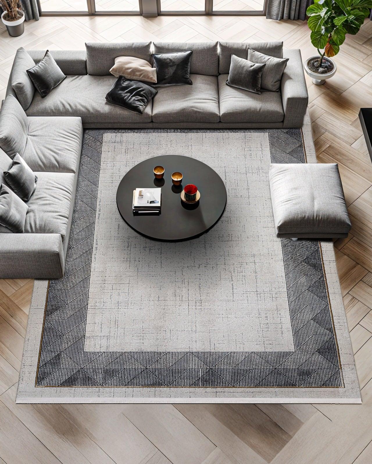 Antrasit Beyaz Bordürlü Minimalist Halı - Yıkanabilir - Kaymaz Taban - Pati Dostu