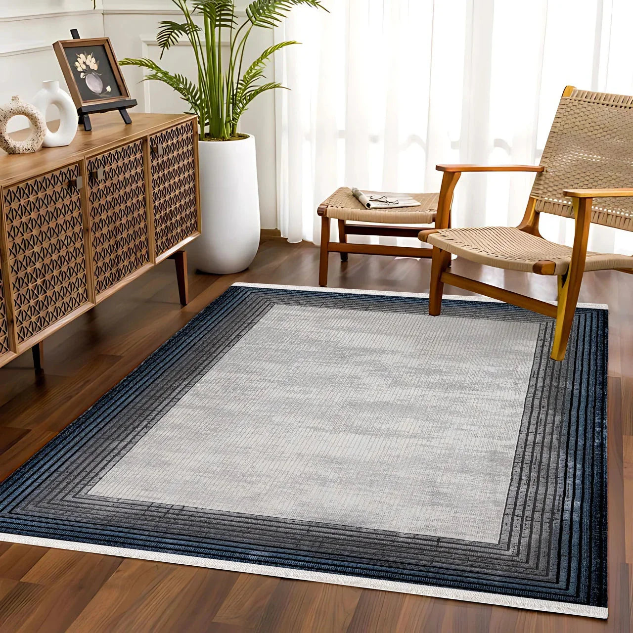 Antrasit Gri Bordürlü Minimalist Halı - Yıkanabilir - Kaymaz Taban - Pati Dostu
