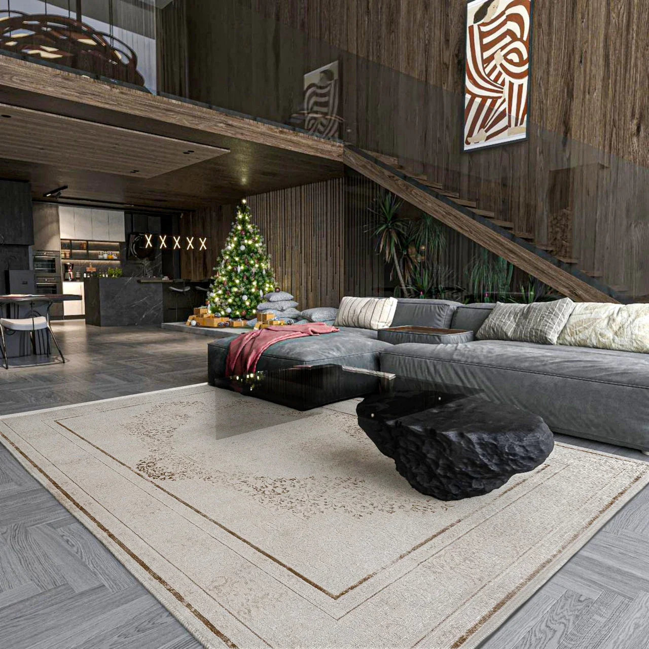 Bej Krem Göbekli Minimalist Halı - Yıkanabilir - Kaymaz Taban - Pati Dostu
