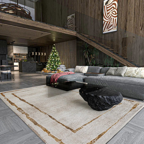 Bej Gold Bordürlü Minimalist Halı - Yıkanabilir - Kaymaz Taban - Pati Dostu