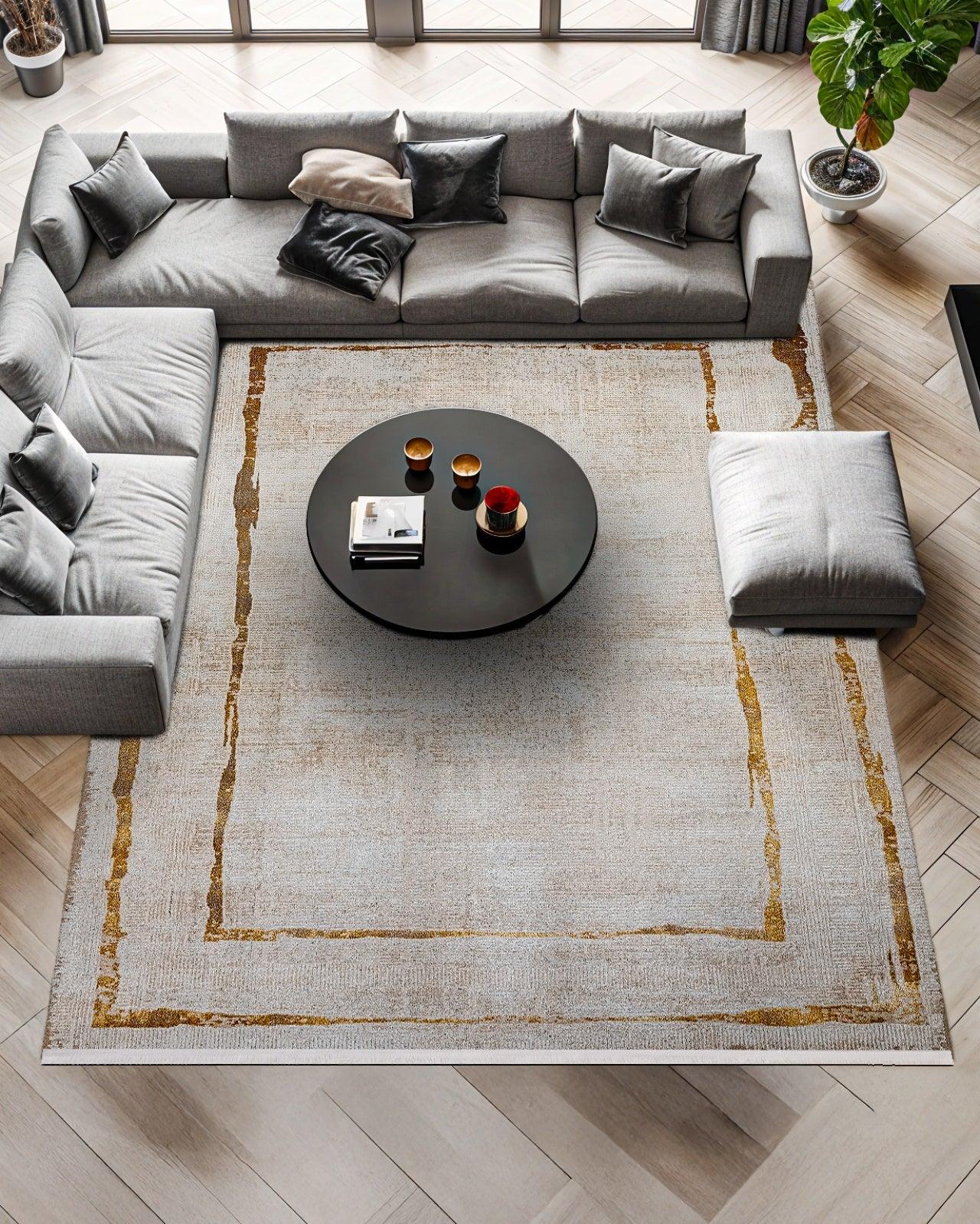 Bej Gold Bordürlü Minimalist Halı - Yıkanabilir - Kaymaz Taban - Pati Dostu