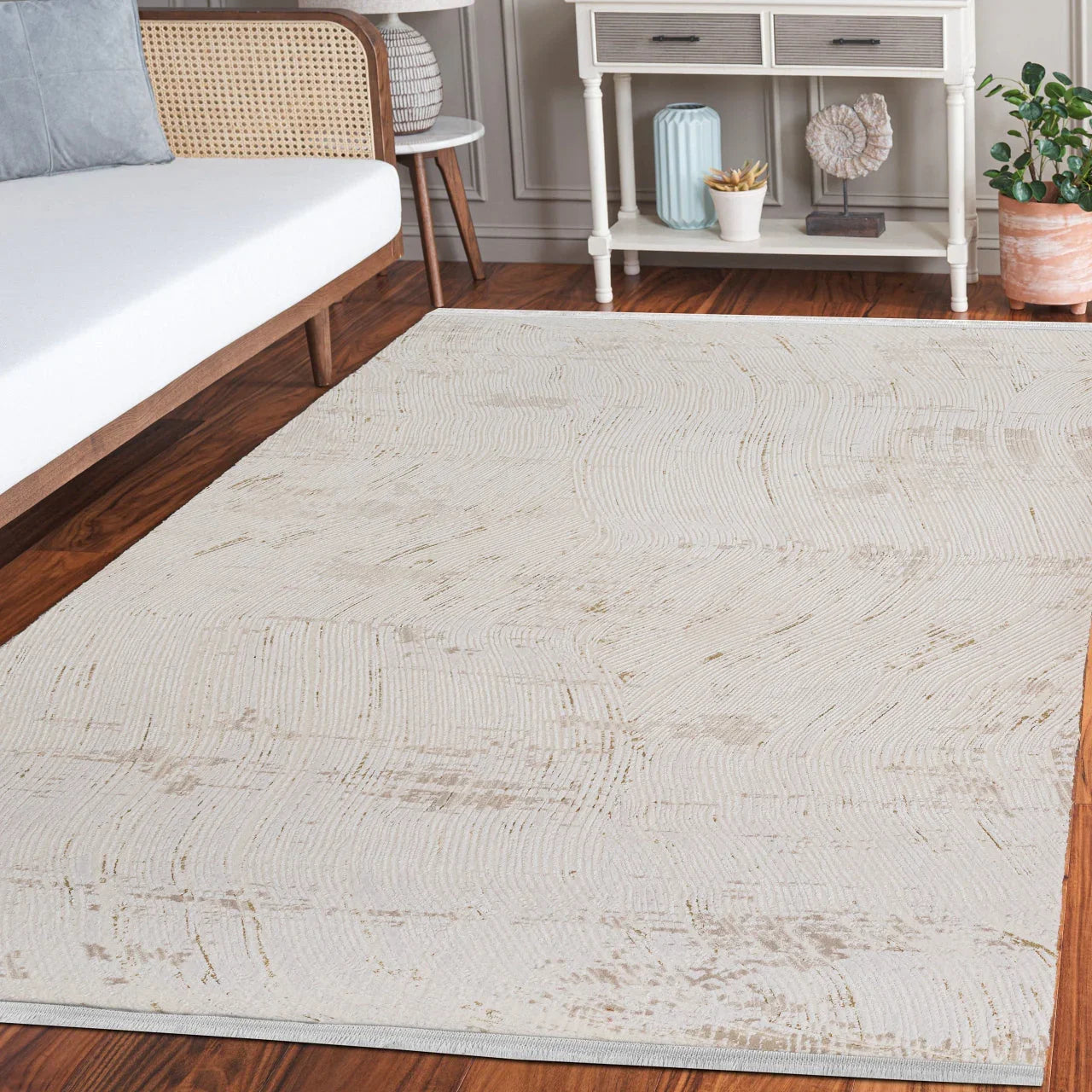 Beyaz Bohem Dokulu Halı - Yıkanabilir - Kaymaz Taban - Pati Dostu