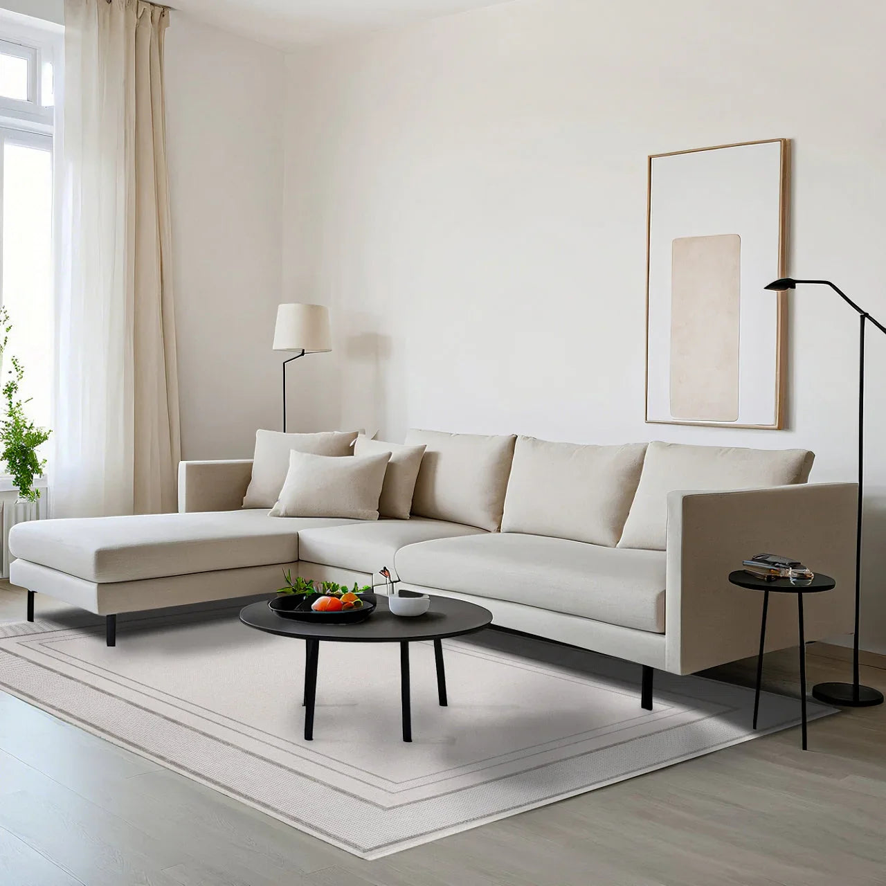 Beyaz Gri Bordürlü Minimalist Halı - Yıkanabilir - Kaymaz Taban - Pati Dostu
