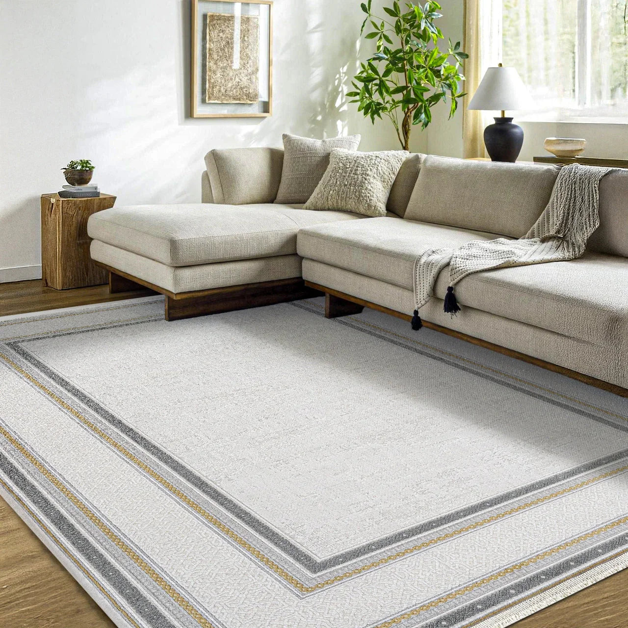 Antrasit Beyaz Bordürlü Minimalist Halı - Yıkanabilir - Kaymaz Taban - Pati Dostu
