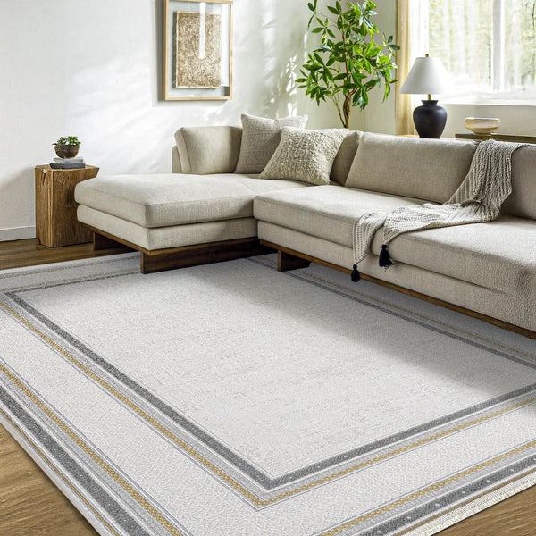 Antrasit Beyaz Bordürlü Minimalist Halı - Yıkanabilir - Kaymaz Taban - Pati Dostu