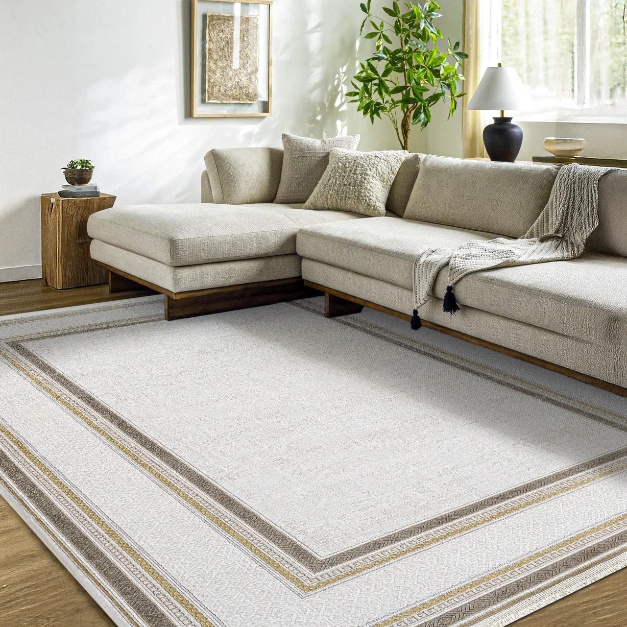 Bej Krem Bordürlü Minimalist Halı - Yıkanabilir - Kaymaz Taban - Pati Dostu