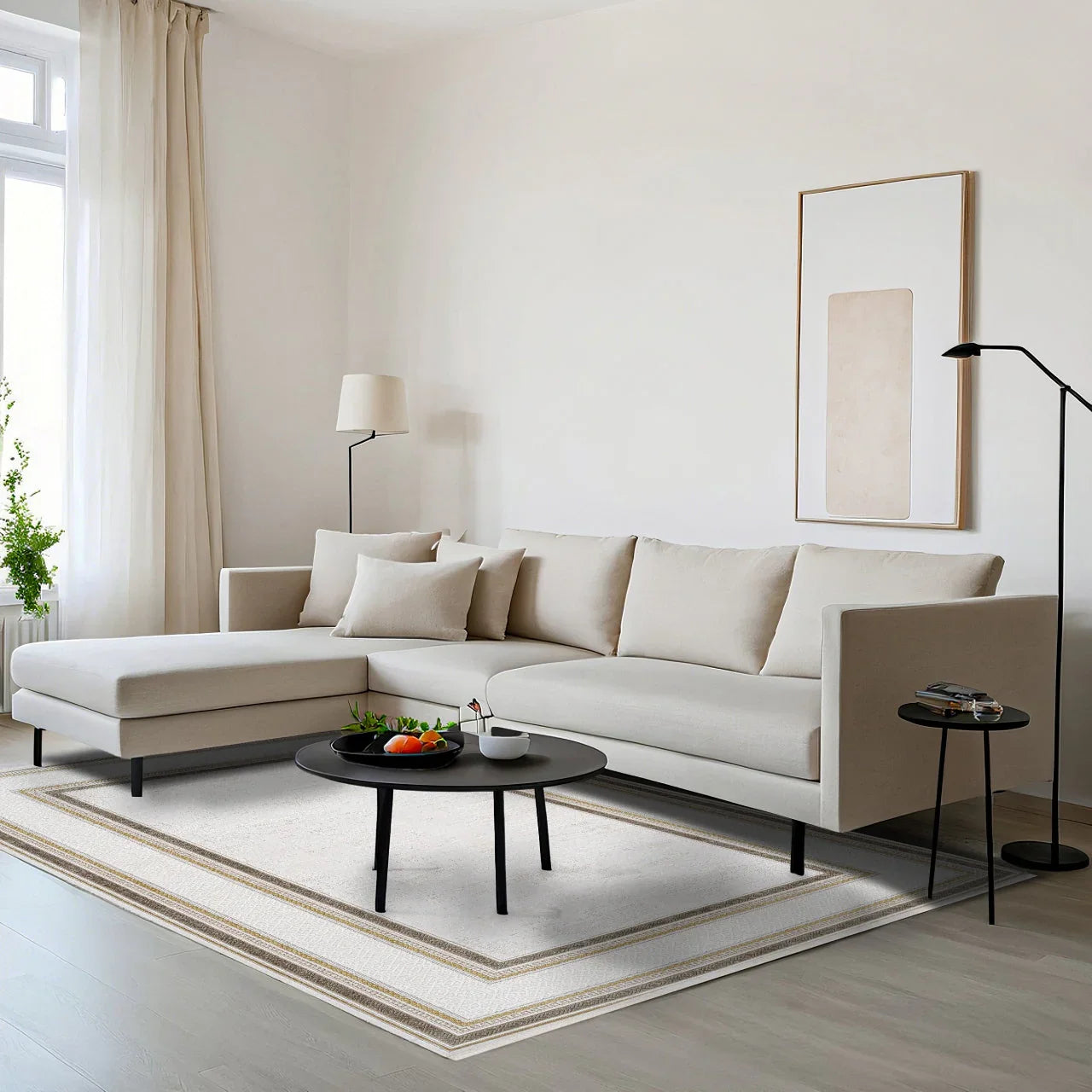 Bej Bordürlü Minimalist Halı - Yıkanabilir - Kaymaz Taban - Pati Dostu