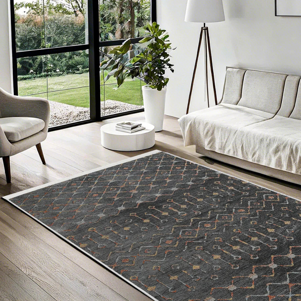 Antrasit Siyah Geometrik Minimalist Halı - Yıkanabilir - Kaymaz Taban - Pati Dostu