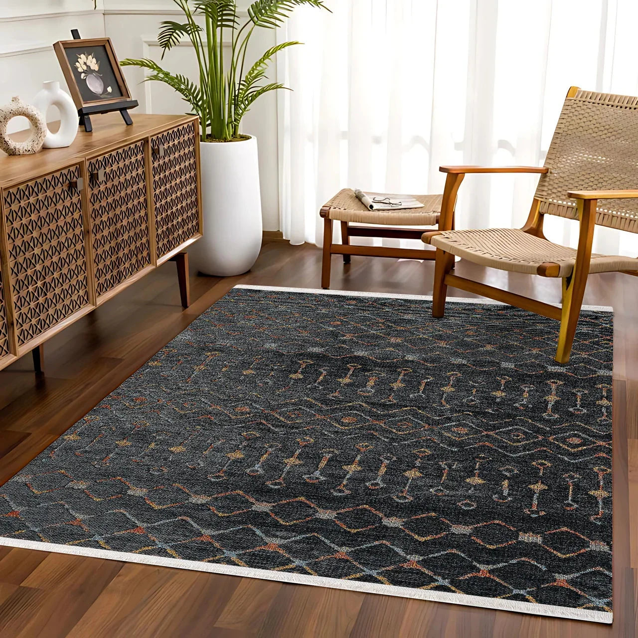 Antrasit Siyah Geometrik Minimalist Halı - Yıkanabilir - Kaymaz Taban - Pati Dostu