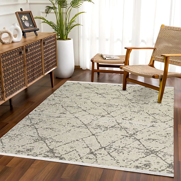 Beyaz Gri Geometrik Minimalist Halı - Yıkanabilir - Kaymaz Taban - Pati Dostu
