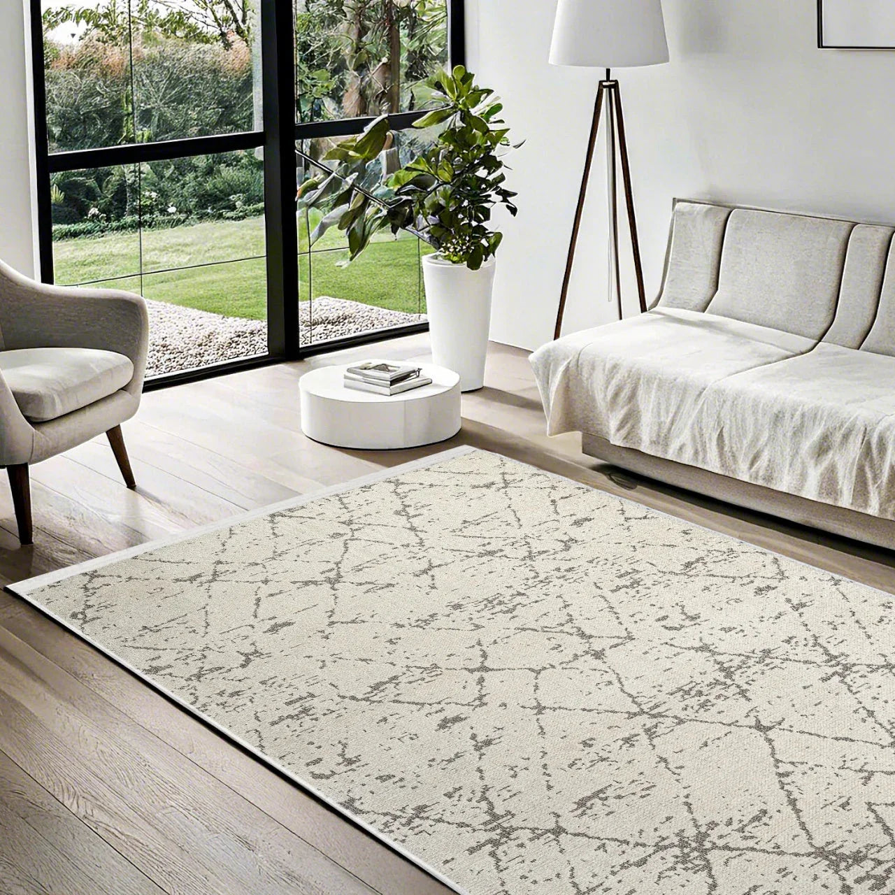 Beyaz Gri Geometrik Minimalist Halı - Yıkanabilir - Kaymaz Taban - Pati Dostu