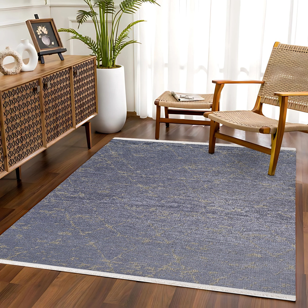 Bej Bohem Dokulu Halı - Yıkanabilir - Kaymaz Taban - Pati Dostu