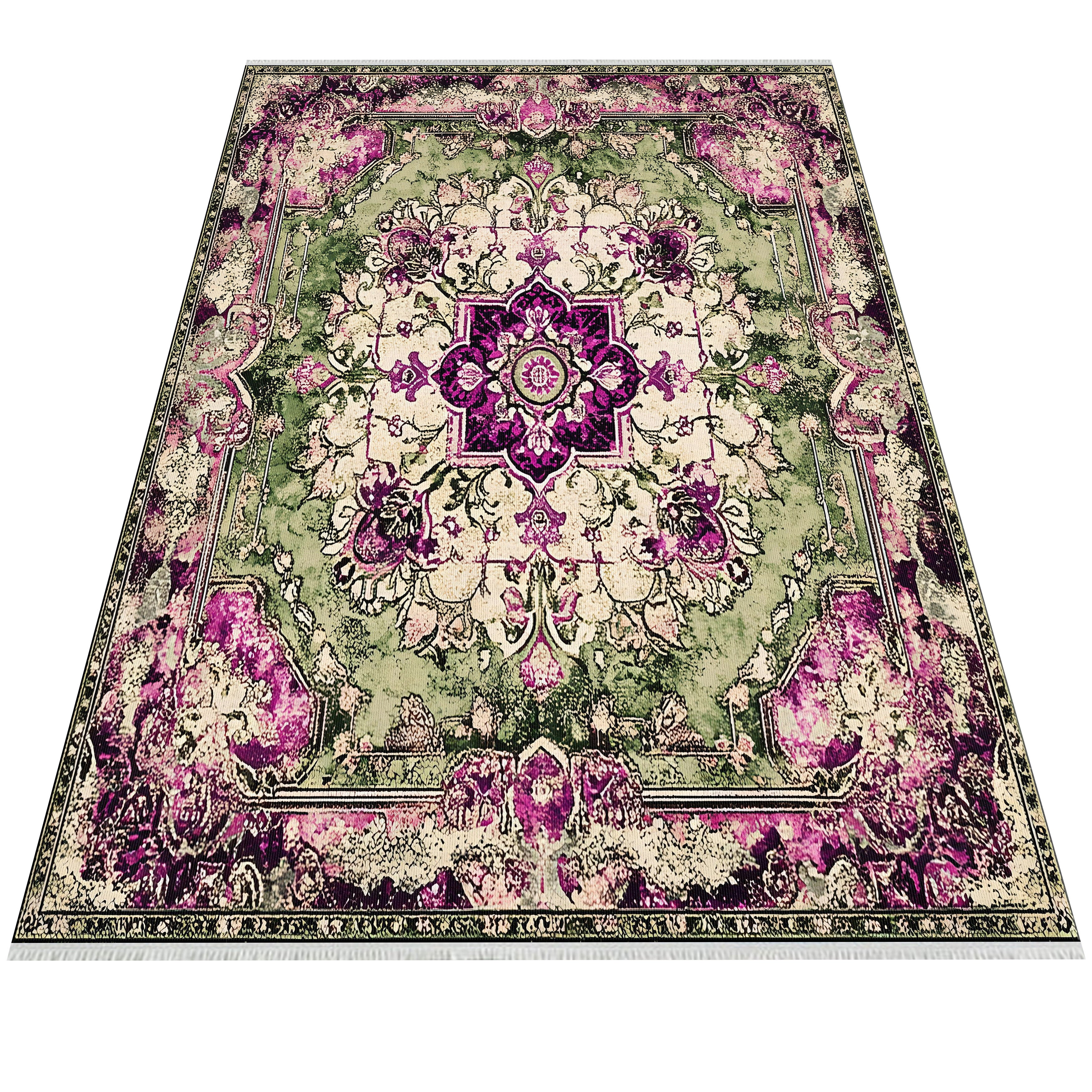 Vintage Çiçek Desenli Yıkanabilir Halı