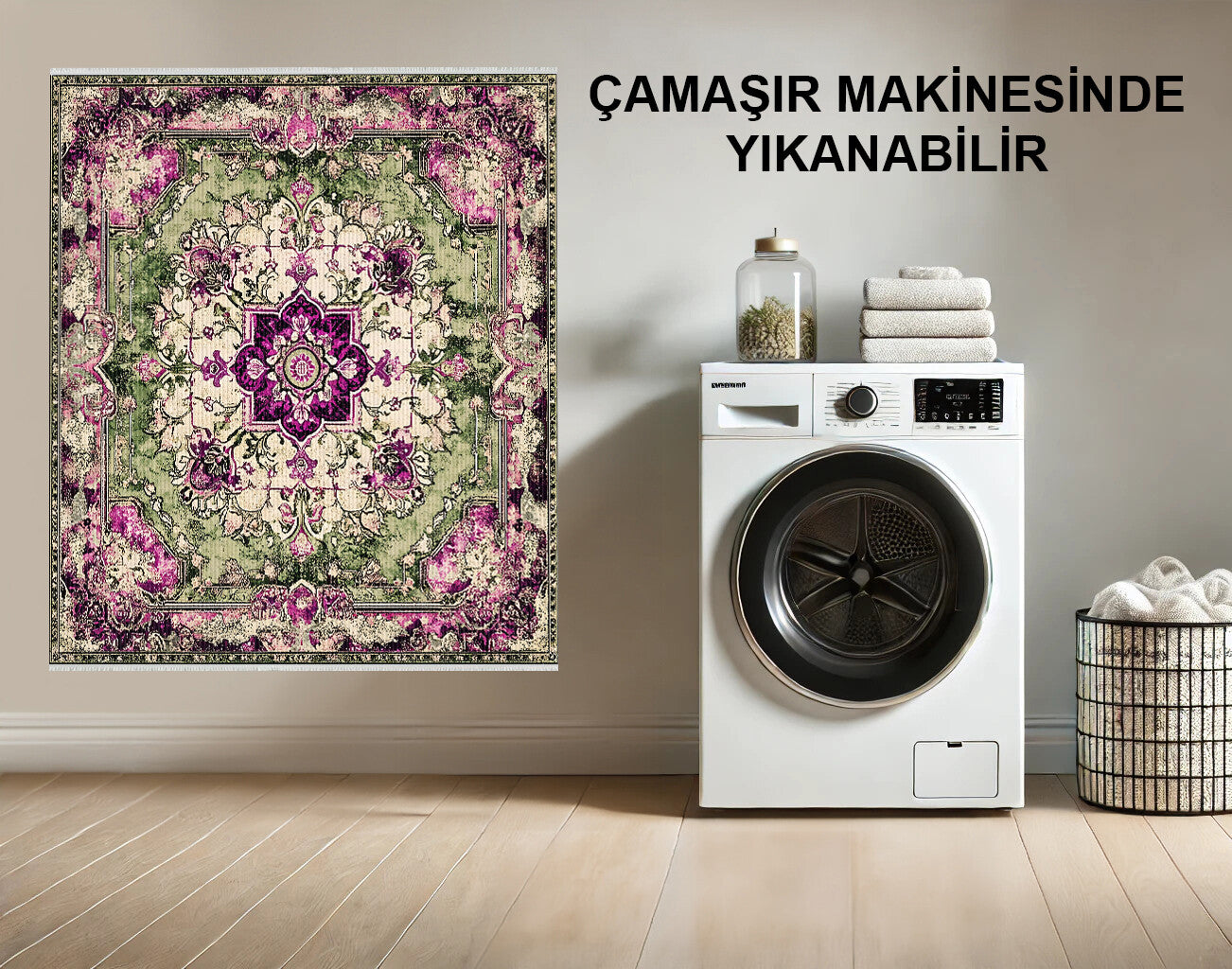 Vintage Çiçek Desenli Yıkanabilir Halı