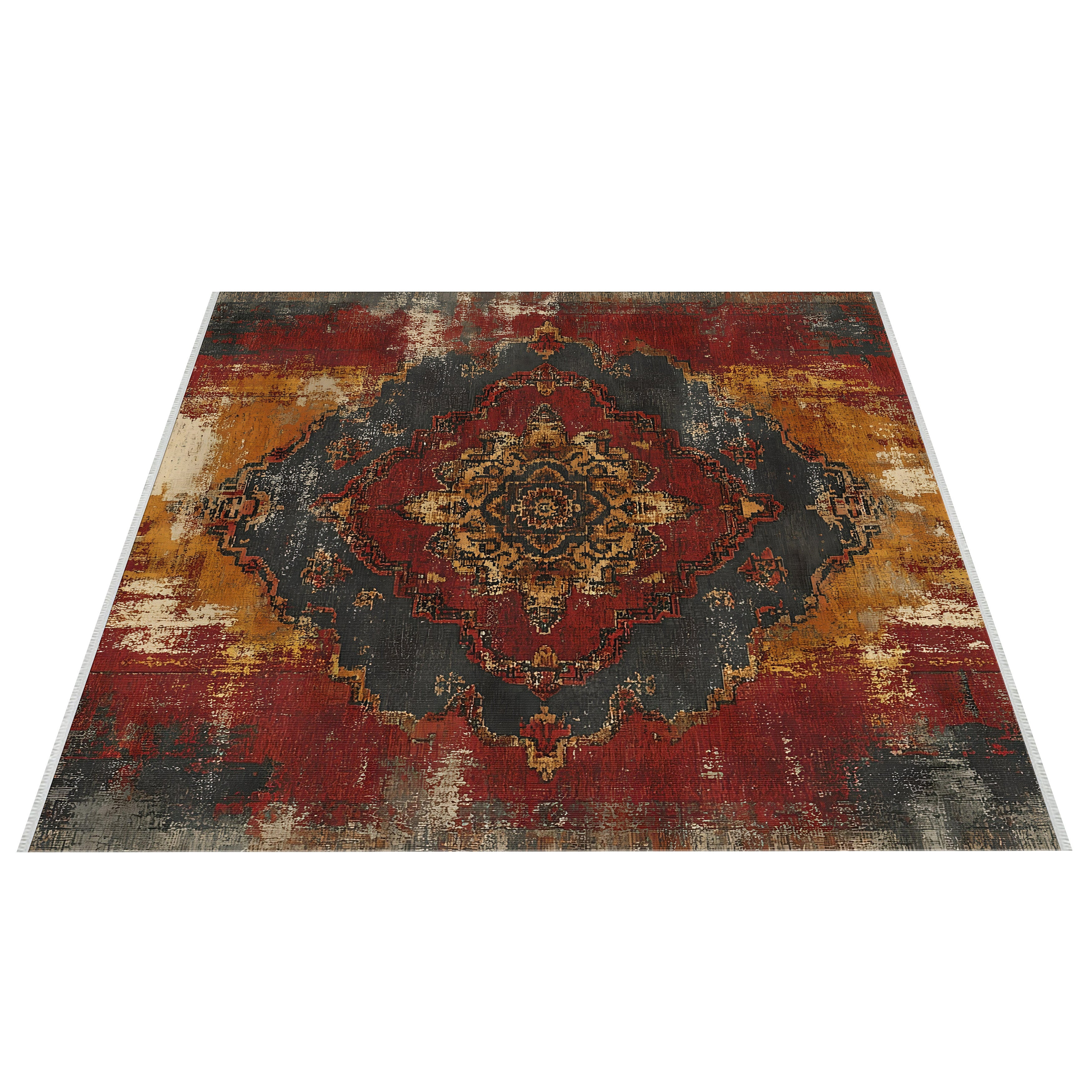 Rustik Geometrik Madalyon Halı - Eskitilmiş Vintage Tasarım