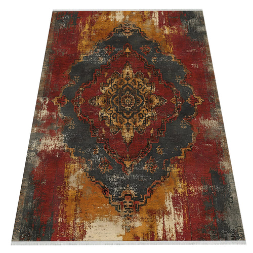 Rustik Geometrik Madalyon Halı - Eskitilmiş Vintage Tasarım