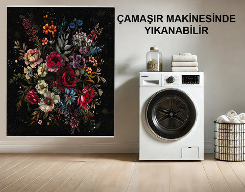 Siyah Yıkanabilir Çiçekli Boho Halısı