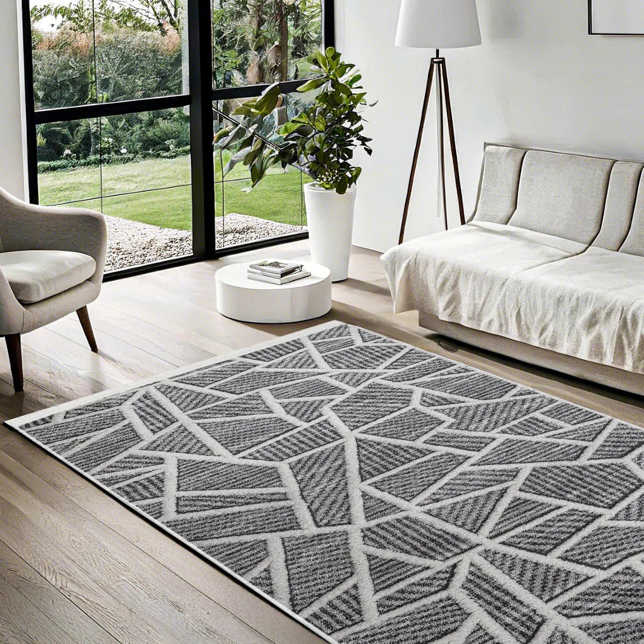 Antrasit Gri Geometrik Minimalist Halı - Yıkanabilir - Kaymaz Taban - Pati Dostu