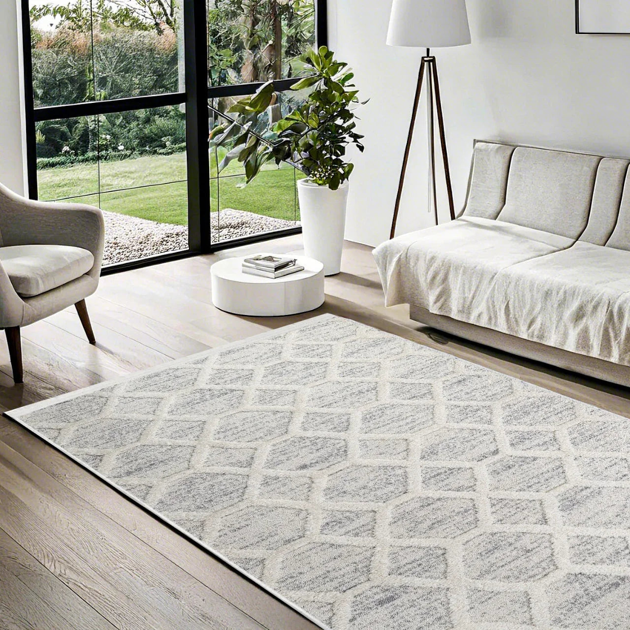 Beyaz Gri Geometrik Minimalist Halı - Yıkanabilir - Kaymaz Taban - Pati Dostu