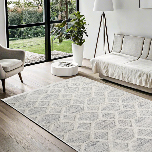 Beyaz Gri Geometrik Minimalist Halı - Yıkanabilir - Kaymaz Taban - Pati Dostu