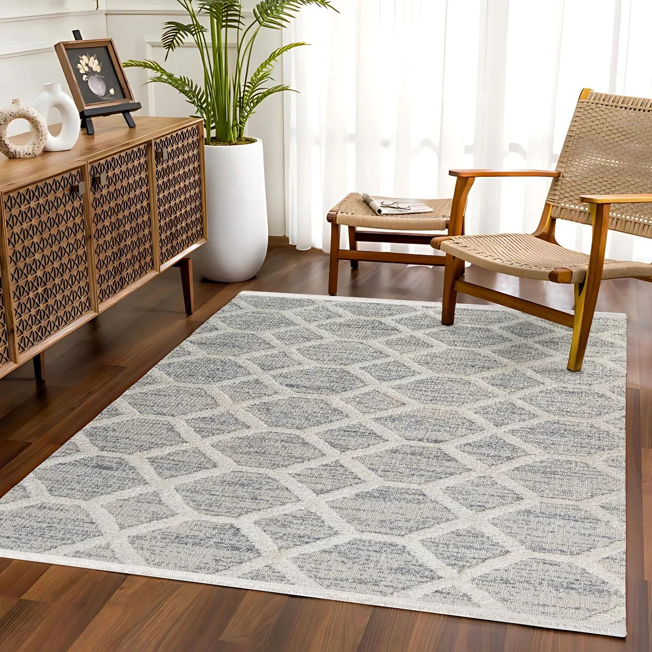 Beyaz Gri Geometrik Minimalist Halı - Yıkanabilir - Kaymaz Taban - Pati Dostu