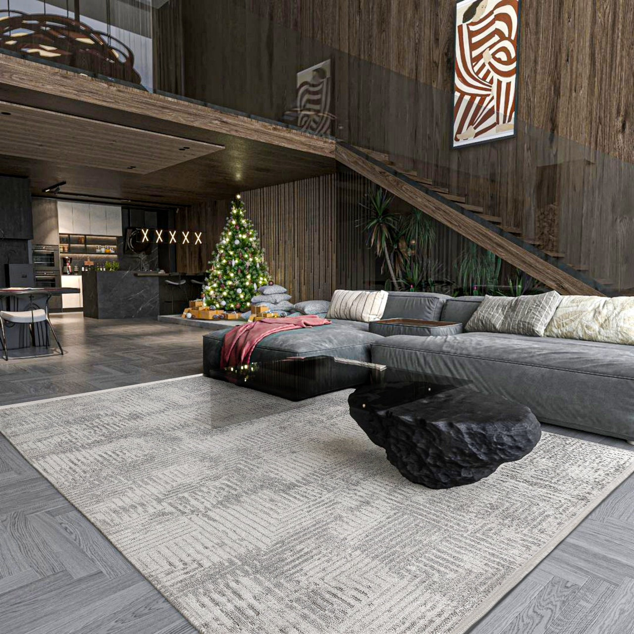 Antrasit Gri Dokulu Eskitme Halı - Yıkanabilir - Kaymaz Taban - Pati Dostu